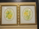 Pair of Signed Original Yellow Rose Watercolors by Pat Savoer