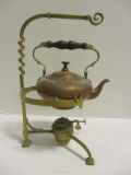 Vintage Brass and Copper Tilting Teapot with Brass Burner Stand