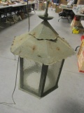 Antique Punched Tin Outdoor Electric Hanging Lantern with Pebble Glass Panes