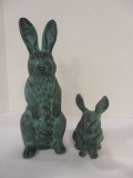 Two Cast Metal Verdigris Rabbit Figurines