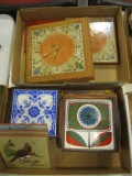 Large Lot of Ceramic Tile Trivets and Quartz Wall Clock