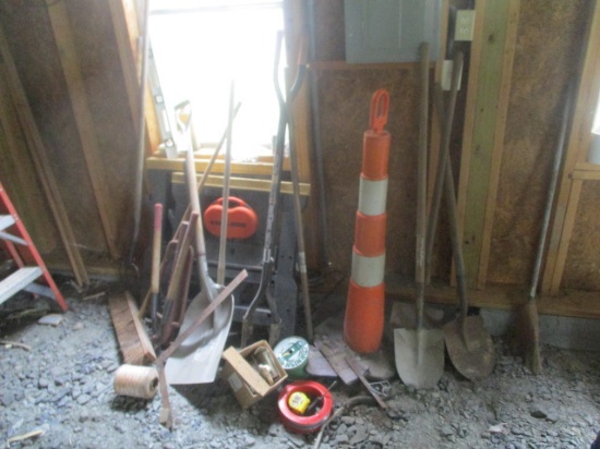 Yard Tool Lot-Fiskars Post Hole Diggers, Shovels, Lopper, Saw Horses, Fence Post Driver, etc.