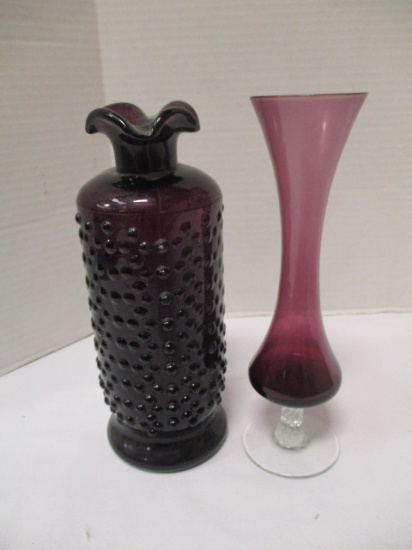 Handblown Purple Hobnail Vase with Ruffle Edge and Purple Vase with Clear Base