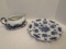 Blue and White Gravy Boat with Under-plate and Serving Plate