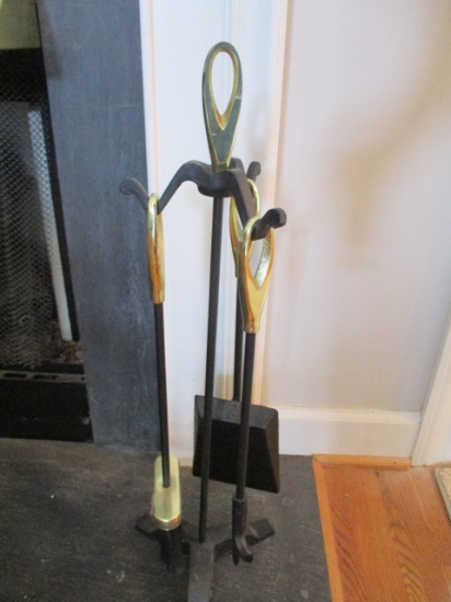 Black Metal and Brass Fireplace Set