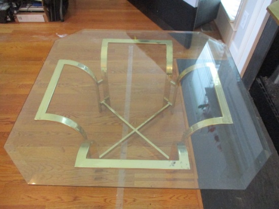 Octagonal Beveled Edge Glass Top Coffee Table with Brass Base