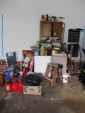 Garage Tool Bench Contents-Power Tools, Compressor Hose Reel, Gas Cans,