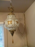 Hollywood Regency Style Gold Flower White Glass Swag Hanging Light