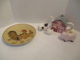 Barn Teapot, Pig Sugar Bowl, Cow and Hen Shakers and Hand Painted Chicken Plate