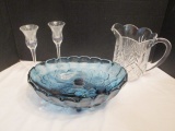 Crystal Pitcher, Pair of Clear Glass Stemmed Candle Holders and Blue Glass