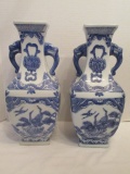 Pair of Blue and White Oriental Vases with Crane Motifs
