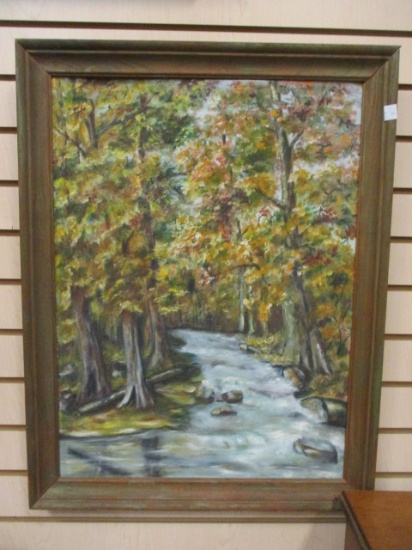Framed Oil On Canvas River Scene.  No Signature