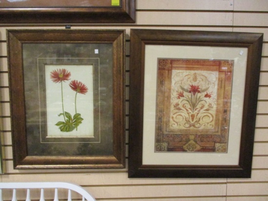 Pair Of Framed And Matted Naturalistic And Stenciled Motif Floral Prints