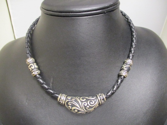 16" Black Rope Necklace w/ Silvertone Accents