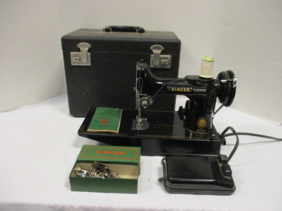 Vintage Portable Singer No. 221-1 Sewing Machine with Attachments in Carry Case