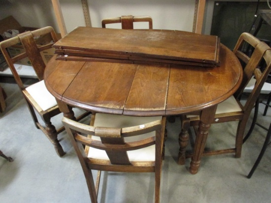 Vintage Oak Table, Four Leaves and Four Side Chairs