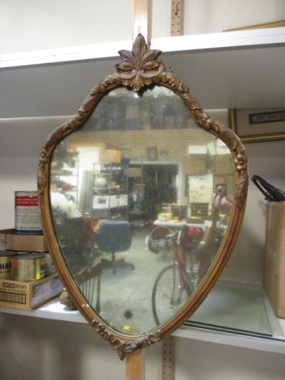 Antique Wood Shield Mirror with Floral Accent Carvings