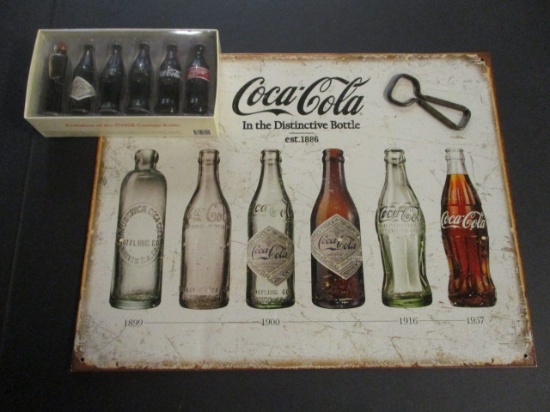 Coca-Cola "The Distinctive Bottle" Metal Sign, Miniature Evolution of Coca-Cola
