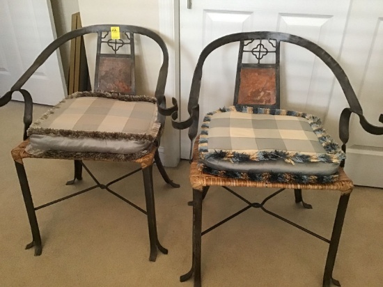 PAIR OF HAND CRAFTED HEAVY METAL BASE CHAIRS WITH RATTAN SEAT AND COPPER INSERT