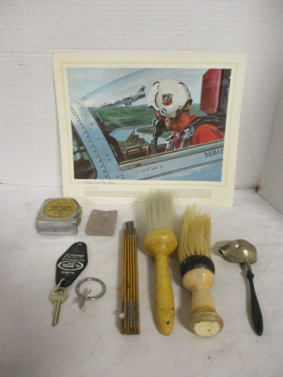 Vintage Clothes Brushes, Keys, Folding Measurer and "Watch Over the Rhine" Poster Print