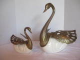Two Brass and Ceramic Swan Planters