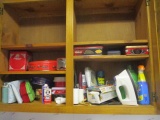 Cabinet Contents - Iron, Laundry Items, Clock, Hardware Items, Tins, Planters