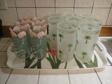 6 Stotter Carnation Glasses, 8 Precision Craft Palm Tree Glasses, and Melamine Tray