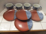 Eight Piece Pottery Soup Mugs and Sandwich Plates