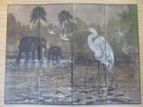 Heron and Elephants Painting on Four Hinged Wood Panels