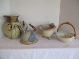 Four Hand Made Pottery Pieces - Pitcher, Hanging Pot, Basket, Footed Bowl with Drainage