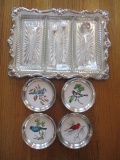 Oneida Serving Tray with Three Glass Inserts and Utensils and Set of Four Sheridan Coasters