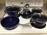 4 Pieces Chantal Cobalt Blue Cookware and Cobalt Blue Kitchen Aid Teapot