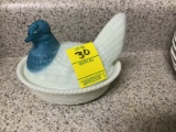 Vintage White Hen on Nest with Blue Bust