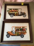 Pair of Framed Needlework Antique Cars