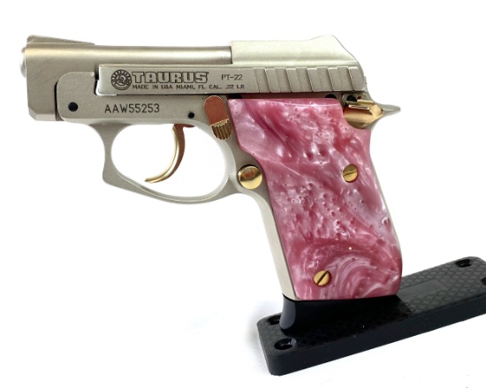 LNIB Taurus PT-22 .22LR Semi-Automatic Pistol with Pink Pearl Grips and Gold Accents
