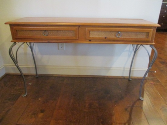 Pine Console Table with Two Drawers and Wrought Metal Legs