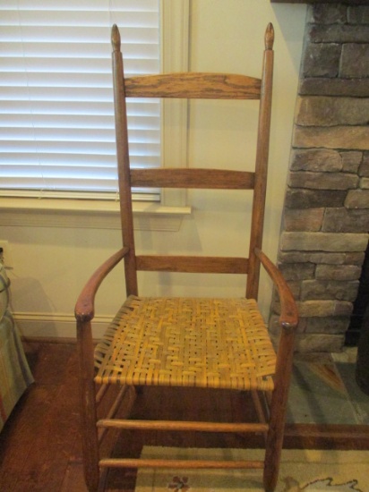 Antique Ladder Back Arm Chair with Woven Seat