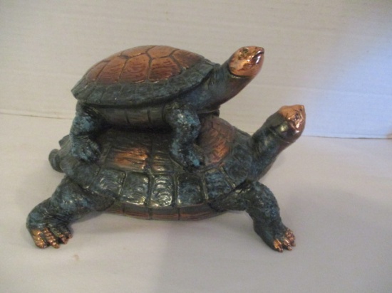 Cast Metal Bronze Tone Hitching a Ride Turtle Statue