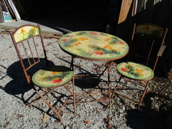 Mosaic Tile and Metal Folding Table and Chairs