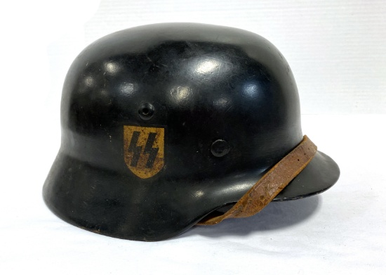 German Nazi Double Decal SS Black Painted M35 Helmet with Liner & Chinstrap