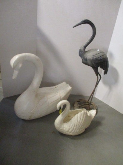 Carved Wood Swan, Waterfowl Sculpture, And Ceramic Swan Planter