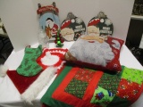 Pieced Lap Quilt, Tapestry Santa Pillow, Red & White Crocheted Dollie