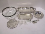 Silverplate Rimmed Bowl, Serving Dish And Tray, And Trivet