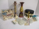 Box Lot Of Decorative Items:  Candlesticks, Argyle Print Storage Box,