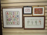 5 Framed Cross-stitch Pieces:  Seasons, Alphabet, Rabbits, And