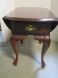 Mahogany Finish Drop Leaf End Table with Drawer and Queen Anne Style Legs