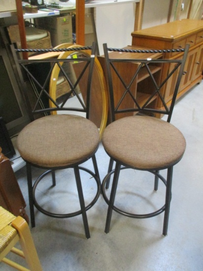 Pair of Counter Size Metal Swivel Bar Stools with Upholstered seats