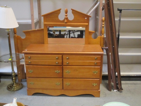 Wood Dresser with Mirror and Queen Headboard with Rails with Broken Pediment Design