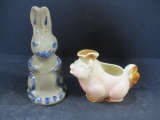Bybee Pottery (KY) Rabbit Bank Signed and Dated 1996 and Spaulding Pink Pig Creamer