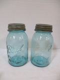 2 Old Blue Ball Perfect Mason Qt. Jars with Zinc Lids